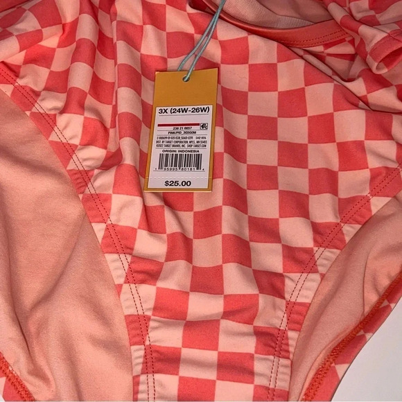Kona Sol, NWT,3X(24W-26W), orange/pink check pattern, medium coverage hipster. - Picture 3 of 6